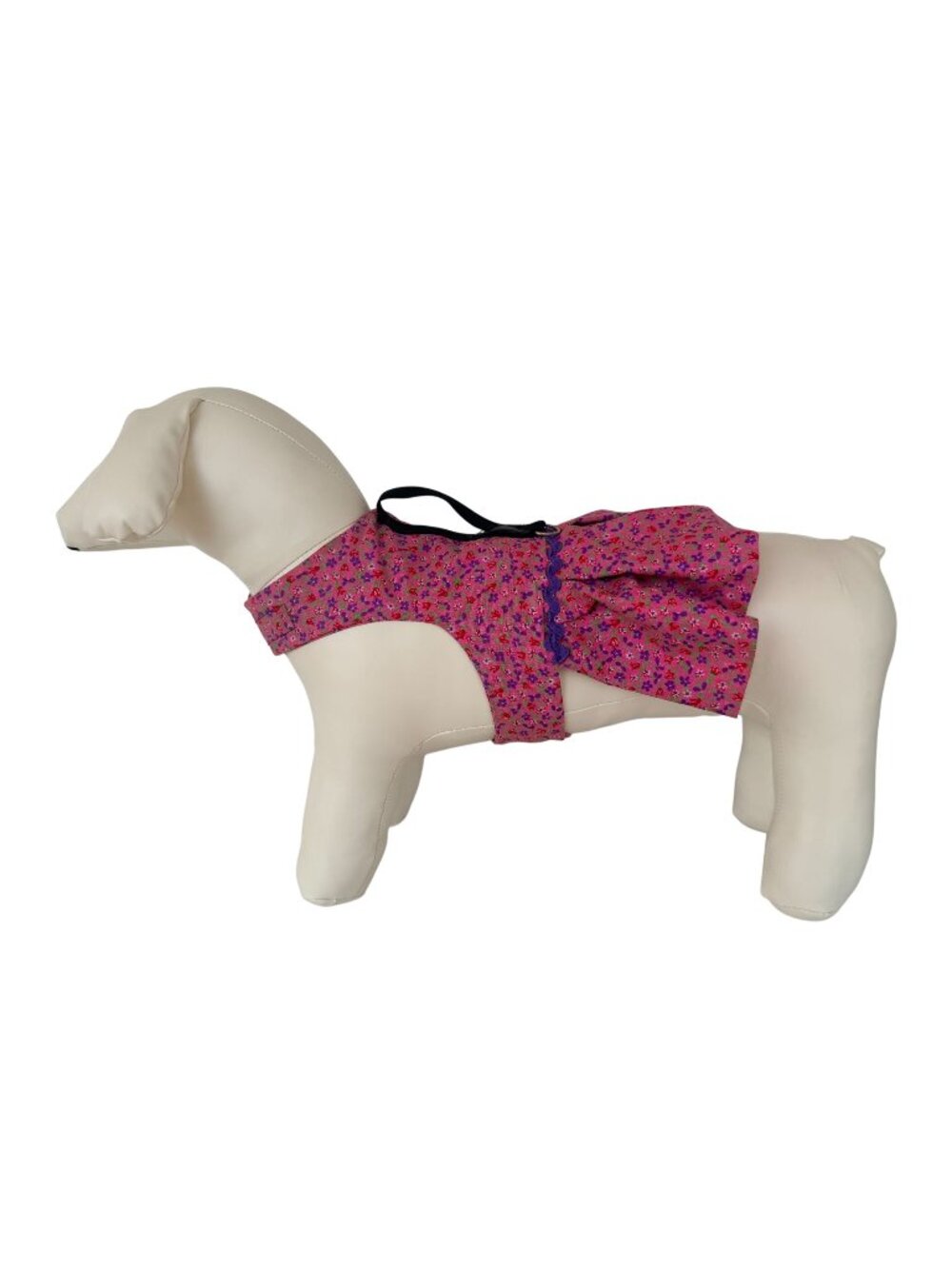 Handmade Small Breed Dog Adjustable Dress w Harness Pink Floral Ruffled Skirt